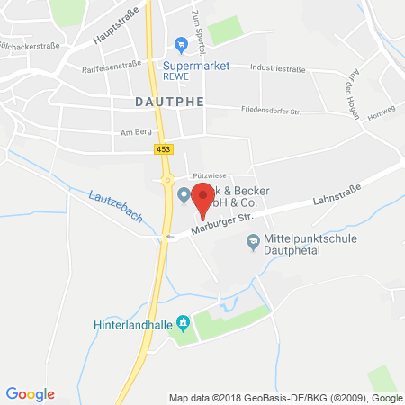 Position der Autogas-Tankstelle: Raiffeisen Tankstelle Dautphetal in 35232, Dautphetal Dautphe