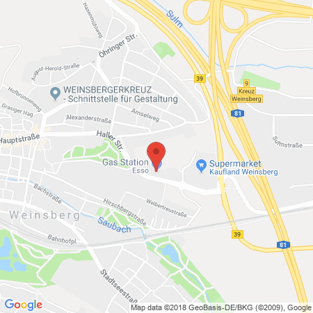 Position der Autogas-Tankstelle: Esso Tankstelle in 74189, Weinsberg