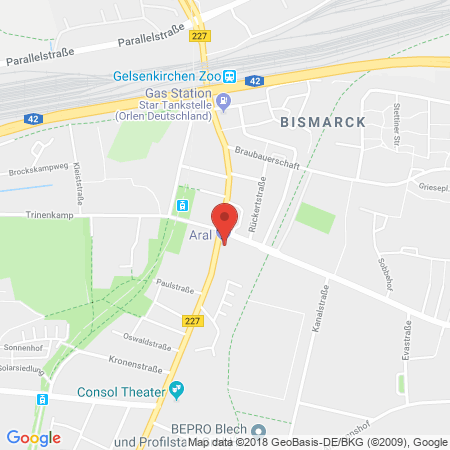 Position der Autogas-Tankstelle: Aral Tankstelle in 45889, Gelsenkirchen