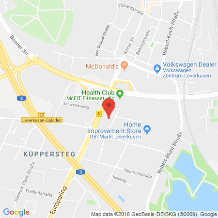 Position der Autogas-Tankstelle: Supermarkt Leverkusen-kueppersteg in 51373, Leverkusen-kueppersteg