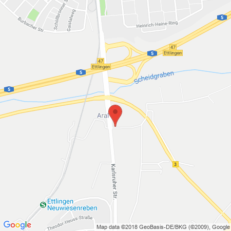 Position der Autogas-Tankstelle: Aral Tankstelle in 76275, Ettlingen