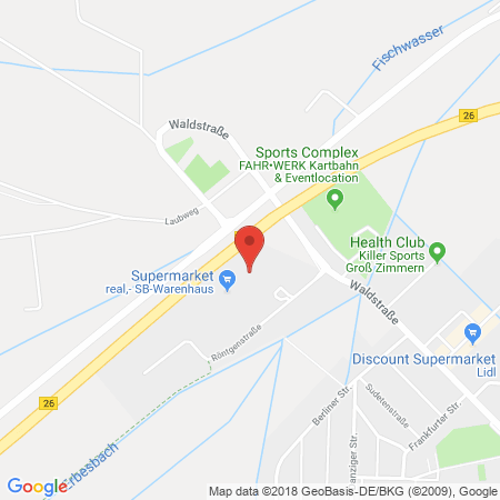 Position der Autogas-Tankstelle: Supermarkt-tankstelle Am Real,- Markt Gross Zimmern Roentgenstrasse 1-3 in 64846, Gross Zimmern