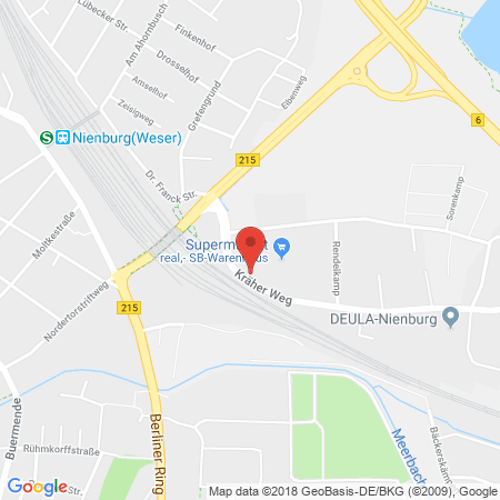 Position der Autogas-Tankstelle: Supermarkt-tankstelle Am Real,- Markt Nienburg Kraeher Weg 1 in 31582, Nienburg