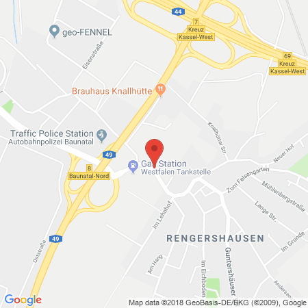Position der Autogas-Tankstelle: Westfalen-Tankstelle Wilhelm Dittmar (Baunatal) in 34225, Baunatal