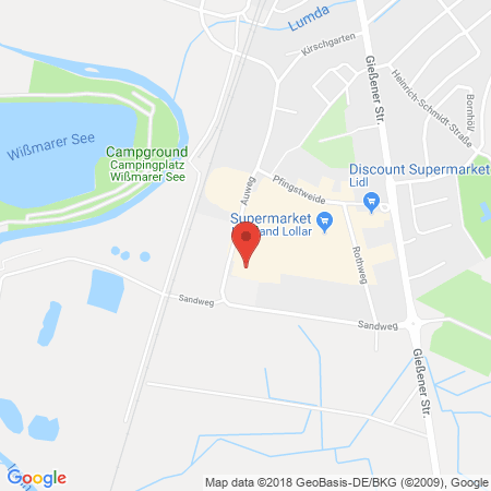 Position der Autogas-Tankstelle: Supermarkt-tankstelle Lollar Auweg Sandweg in 35457, Lollar