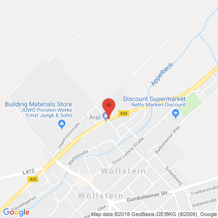 Position der Autogas-Tankstelle: Aral Tankstelle in 55597, Wöllstein