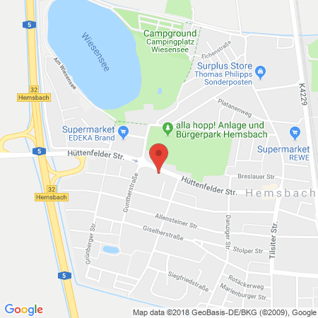 Position der Autogas-Tankstelle: Hemsbach, Huettenfelder Straße 51 in 69502, Hemsbach