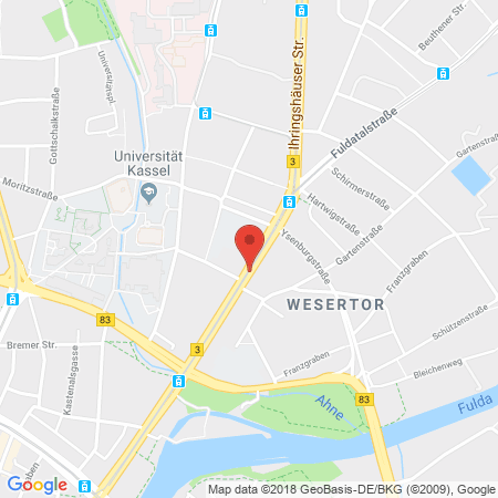Position der Autogas-Tankstelle: Grebe Tankzentrum Wesertor in 34125, Kassel