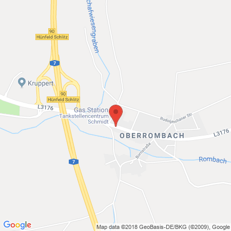 Position der Autogas-Tankstelle: Shell Tankstellencentrum Schmidt in 36088, Hünfeld (Oberrombach)