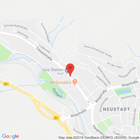 Position der Autogas-Tankstelle: ARAL-Tankstelle J. Kopfmann in 79822, Titisee-Neustadt