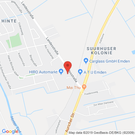 Position der Autogas-Tankstelle: HIRO Automarkt GmbH in 26759, Hinte/Emden