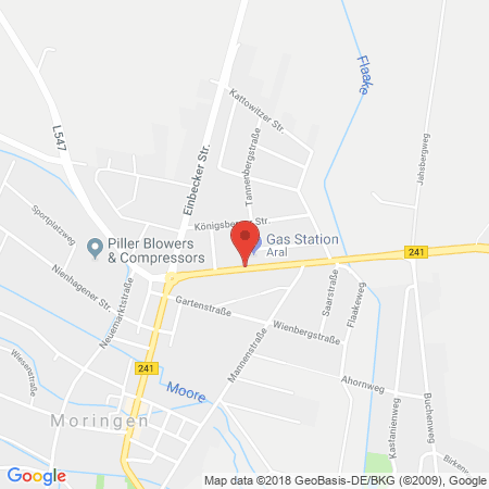 Position der Autogas-Tankstelle: Aral Tankstelle Bernd Cleve in 37186, Moringen 