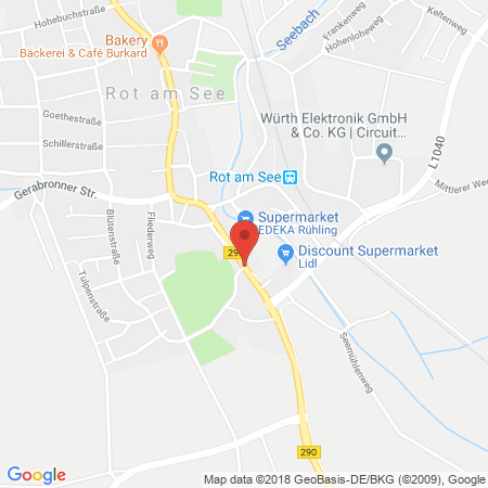 Position der Autogas-Tankstelle: Aral Tankstelle in 74585, Rot Am See